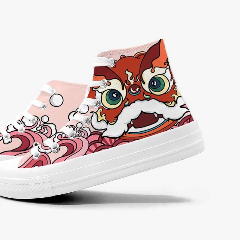 Amy and Michael Original Design 2021 Chinese Style Lion Dance Patterns Hand Painted Canvas Shoes Fashion Women Graffiti Sneakers