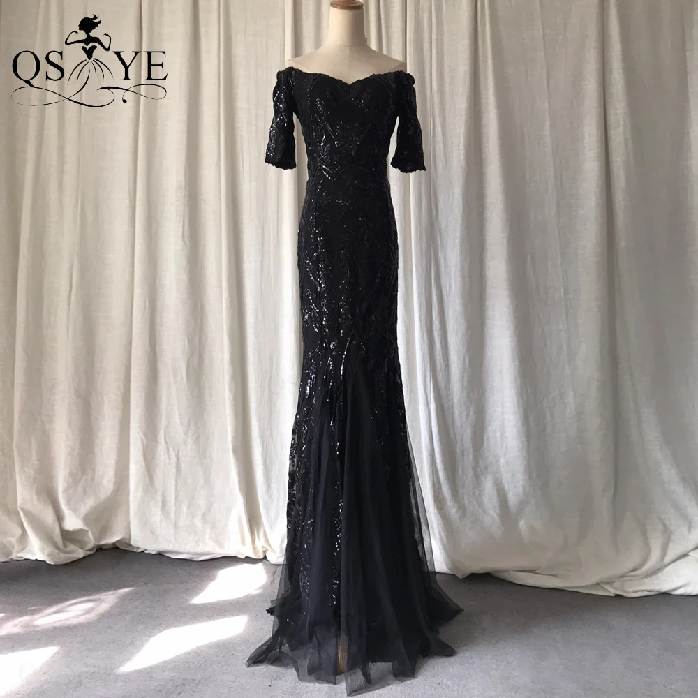 

Black Sequin Evening Dresses Side Sleeves Mermaid Prom Gown Long Sleeves Off Shoulder Party Formal Dress Stretch Women Prom Gown