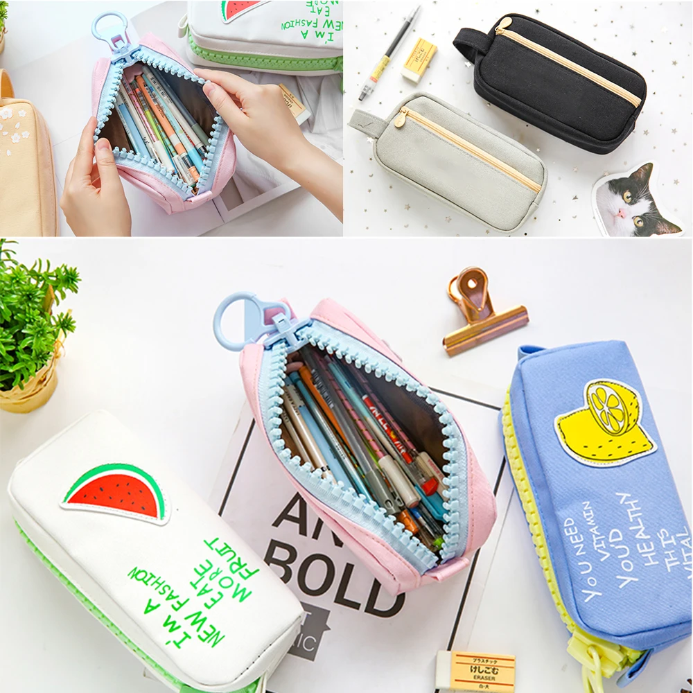 Hot Sale Big zipper Fruit pencil bag Lemon Pineapple Canvas school pencil case Stationery organizer Storage bags for pens Office