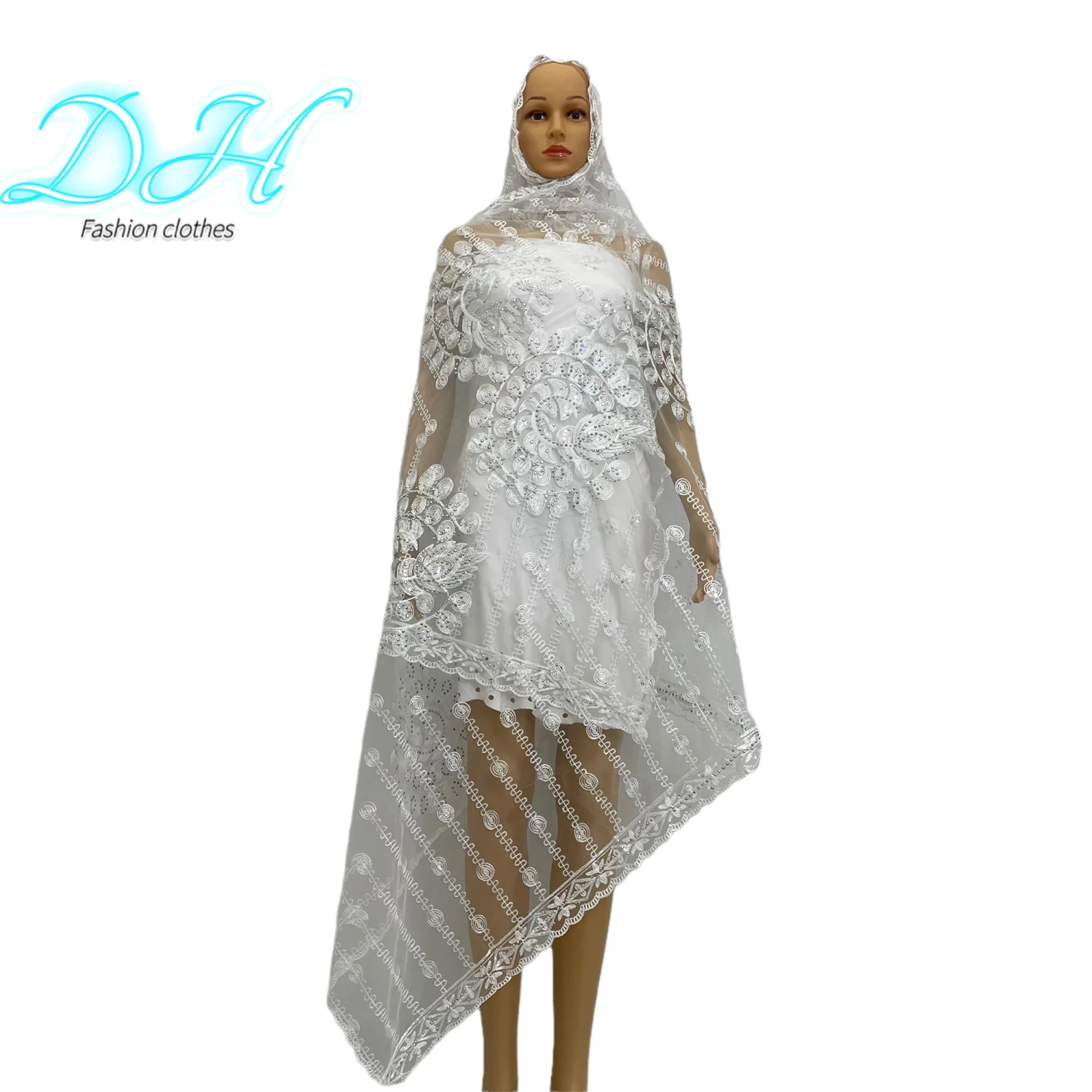 2021Fashionable African Women Scarfs Small Flower Embroidery Lovely Design Net Scarf Breathe and Soft Hijab Shawls Pashmina