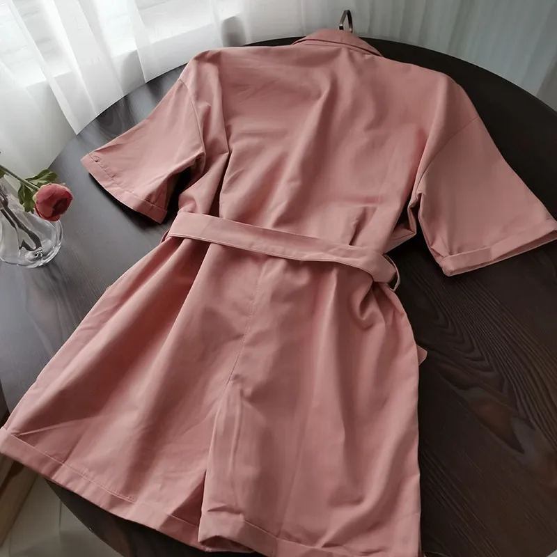 2020 Spring Autumn Vinatge Women Tooling Playsuits Tie Bow Casual Jumpsuits Female Short Sleeve Rompers Wide Leg Bodysuit AB1898