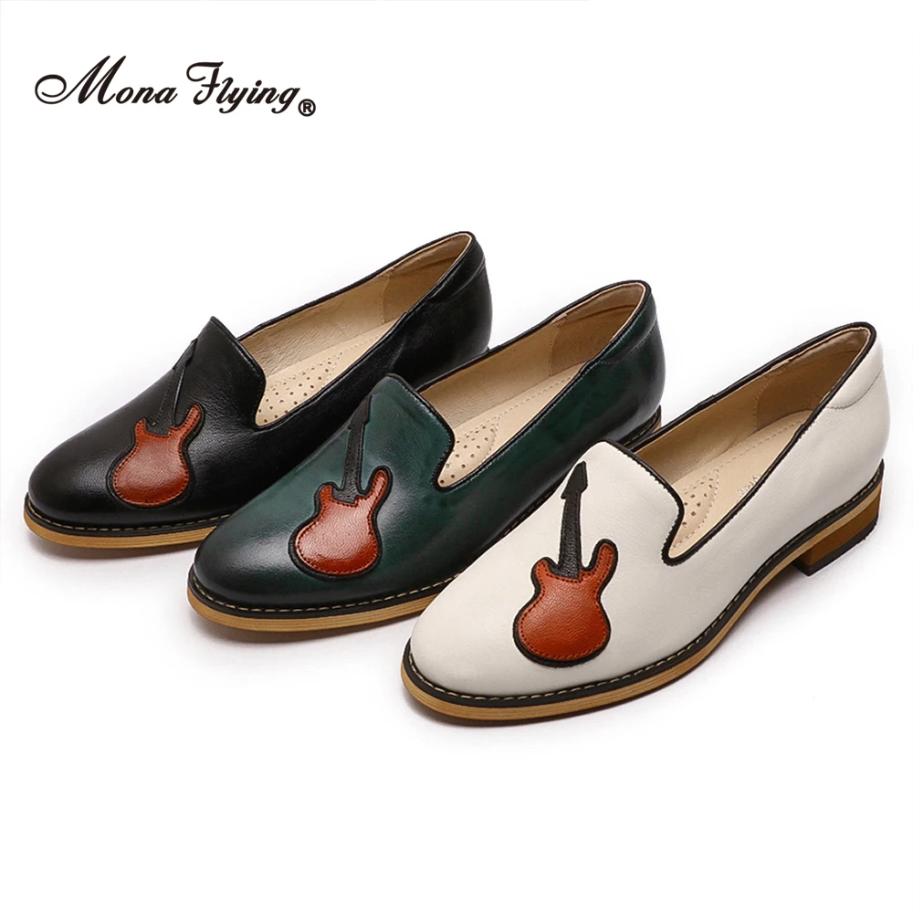 Mona Flying Women mocassino Penny in vera pelle Comfort scarpe basse Slip-on causali fatte a mano con motivo a chitarra per donna L068-2