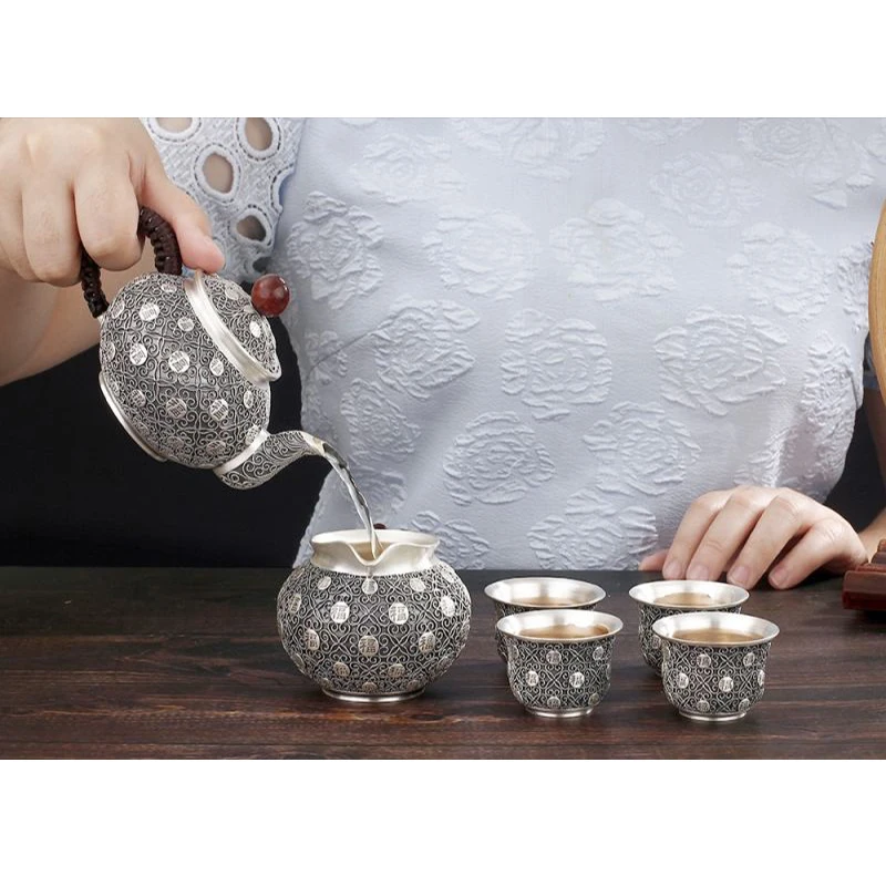 Silver pot 999 sterling silver handmade tea set Japanese retro teapot kettle home tea ceremony Kungfu tea set 180ml