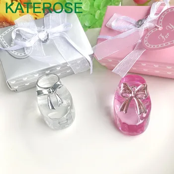 50PCS Transparent/Rosa Kristall Baby Schuh Bootie Ornamente in Geschenk Box Perfekte Für Baby Taufe & Taufe Geschenk hochzeit Gefälligkeiten