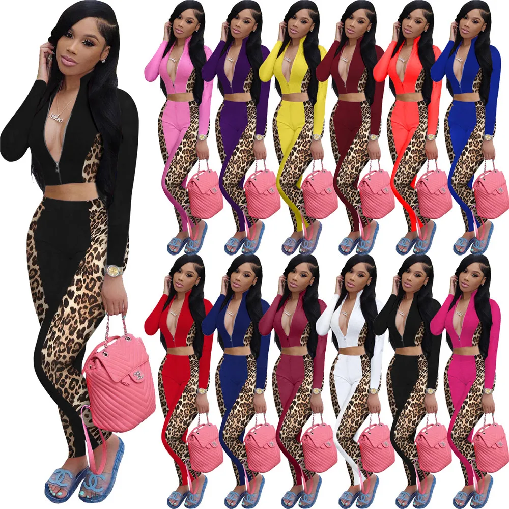 Leopard Patchwork Two Piece Set Women Crop Top and Pants Set Sweatsuits for Women Sportwear Casual Tracksuit Women Sets Outfits