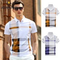 JOHMUVVE   New Men Lapel Short-sleeved POLO Fashion Trend All-match Casual Business Work Striped Plaid Men Summer