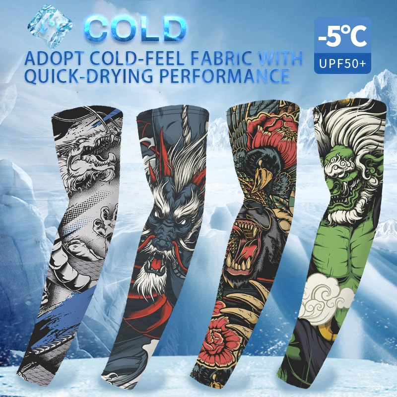 1Pair Breathable Quick Dry 3D Tattoo UV Protection Cycling Arm Sleeves men Basketball Sports Running Compression Arm Warmers