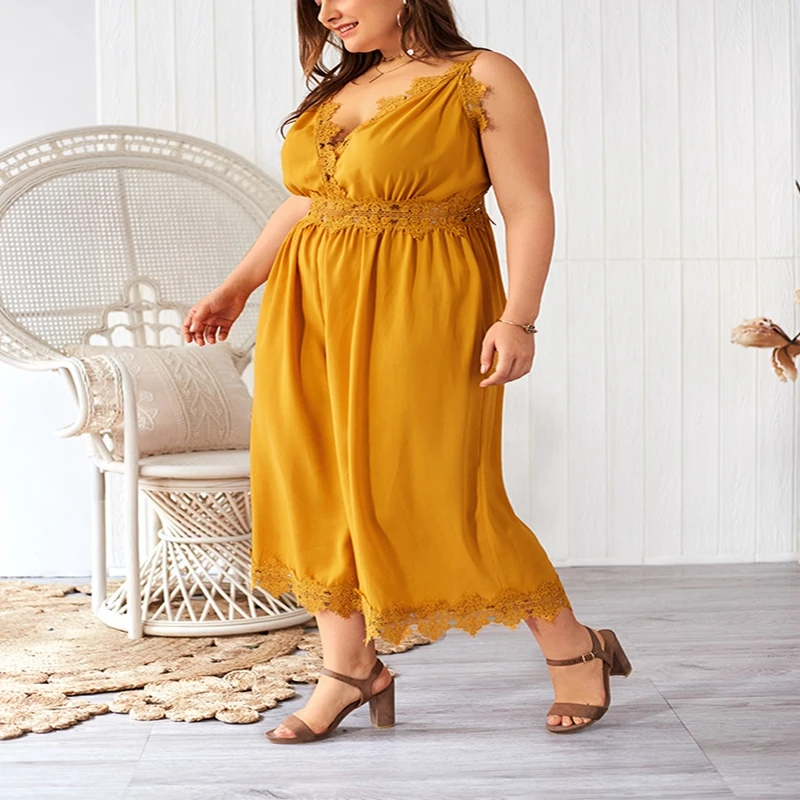 Zomer Nieuwe Plus Size Sexy Bretels Jumpsuit 7xl 6xl 5xl Mode Dames Hip Effen Kleur Sexy V-Hals Rits Kanten Jumpsuit.