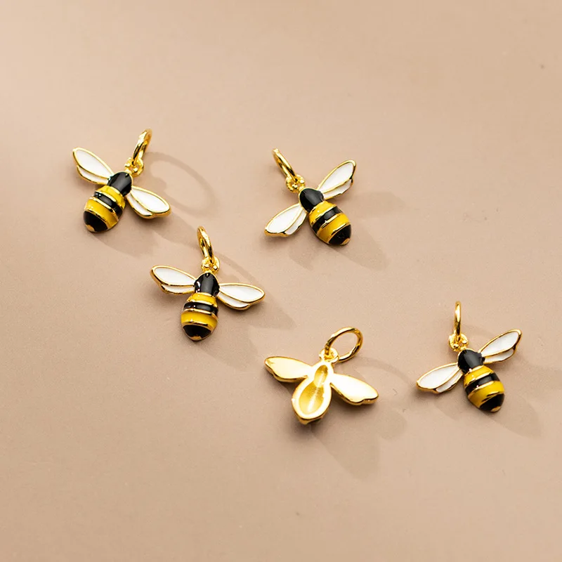1pc 925 Sterling Silver Fashion Gold Color Bees Dangle Charm Bracelets Necklace Silver Pendants Decorations DIY Jewelry Making