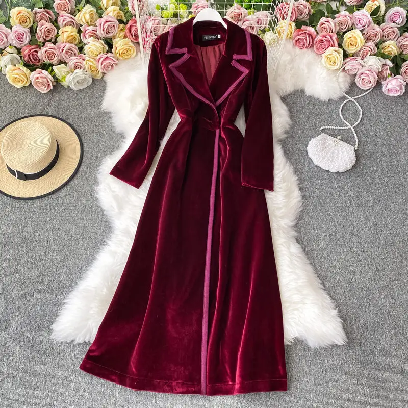 Autumn And Winter Black Velvet Blazer Dress Long Over The Knee Fashion Temperament Maxi Windbreaker Jacket Women Slim Coat M1180