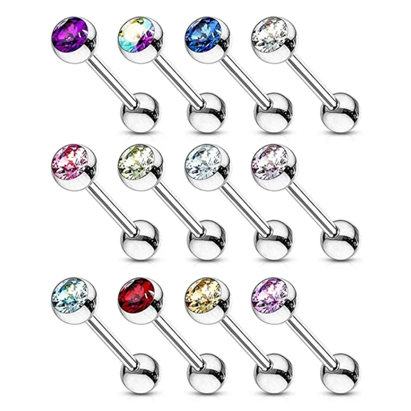 Stainless Steel Crystal Tongue Piercing Set Barbell 14G Nipple Piercing Bar Lot Tongue Barbell Bulk Body Piercing Jewelry Pack