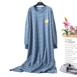 2023 Autumn New Loose Women Cartoon Sleepwear Long Sleeve100% Cotton Stripe Terry Nightgowns Oversize Pregnant Woman Nightdress