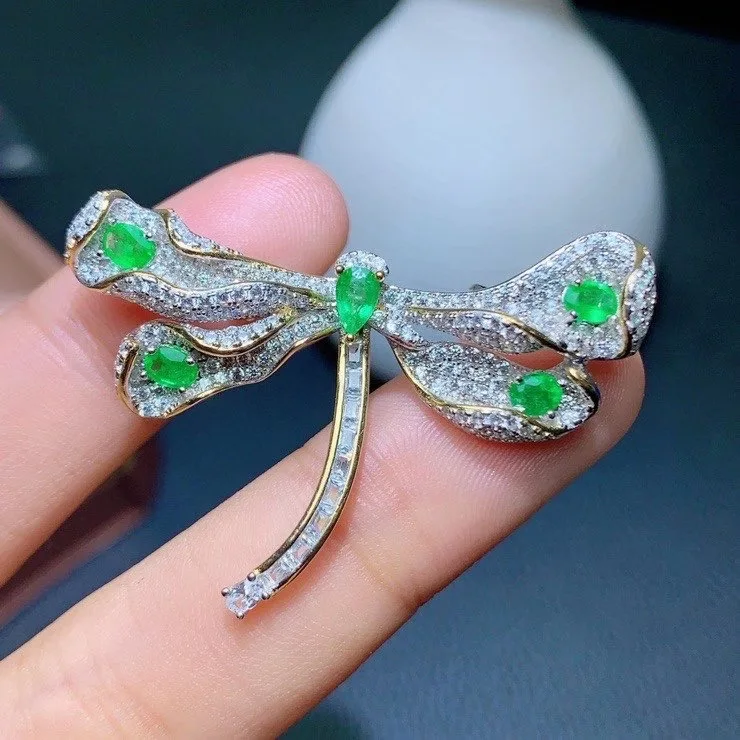 

Natural emerald brooch, Colombian emerald, precious gemstone, dual-use style, 925 silver quality