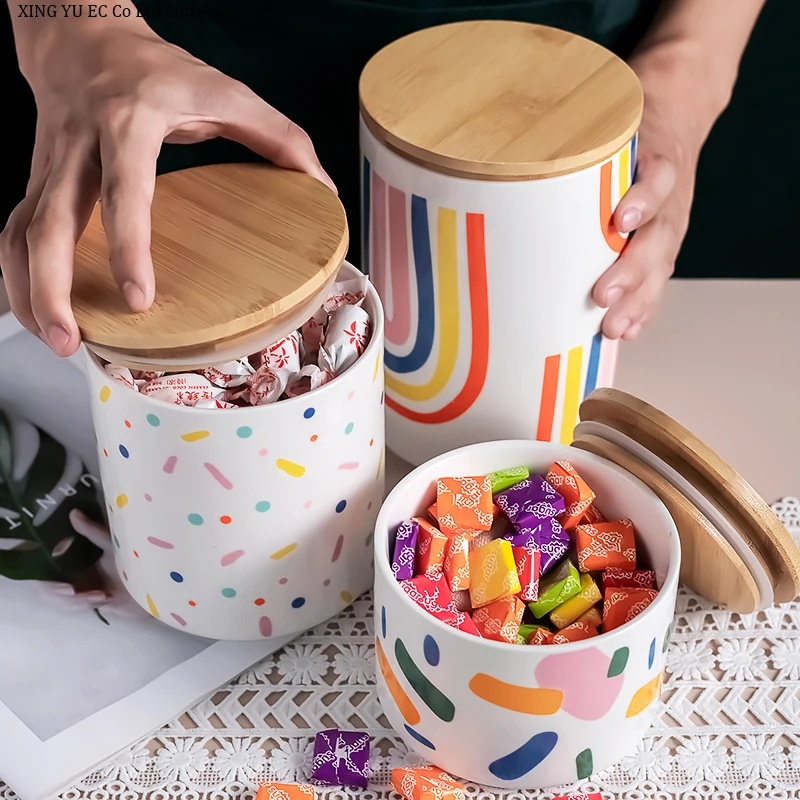 Ceramic Airtight Jar Grains Candy Jar Wooden Lid Creative Cute Storage Jar Dried Fruit Snack Jar Kitchen Supplies Storage Box