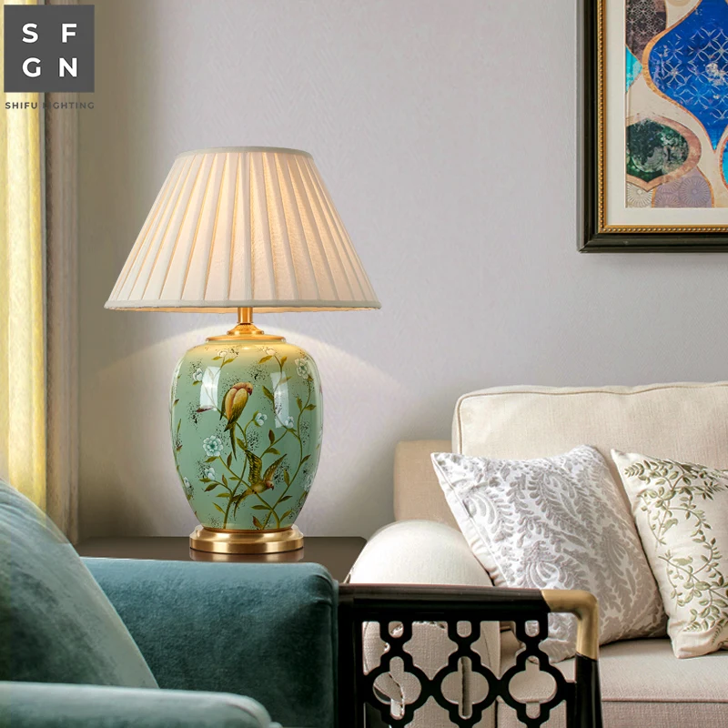 Copper Table Lamp American Style for Living Room Jingdezhen Ceramic Luxury Bedroom Bedside Lamp Decorated LED Lamps