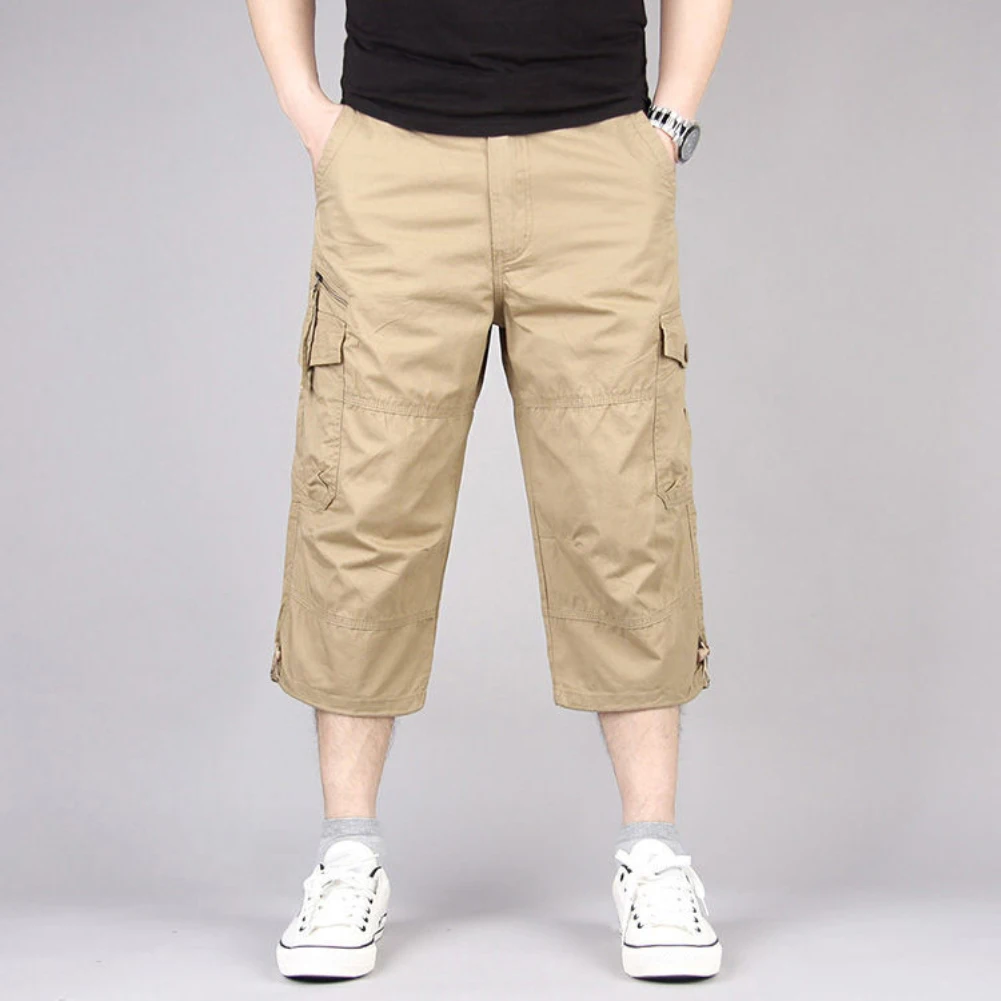 Summer Men\'s Casual Cotton Cargo Shorts Overalls Long Length Multi Pocket Hot breeches Pants Male Cropped Pants