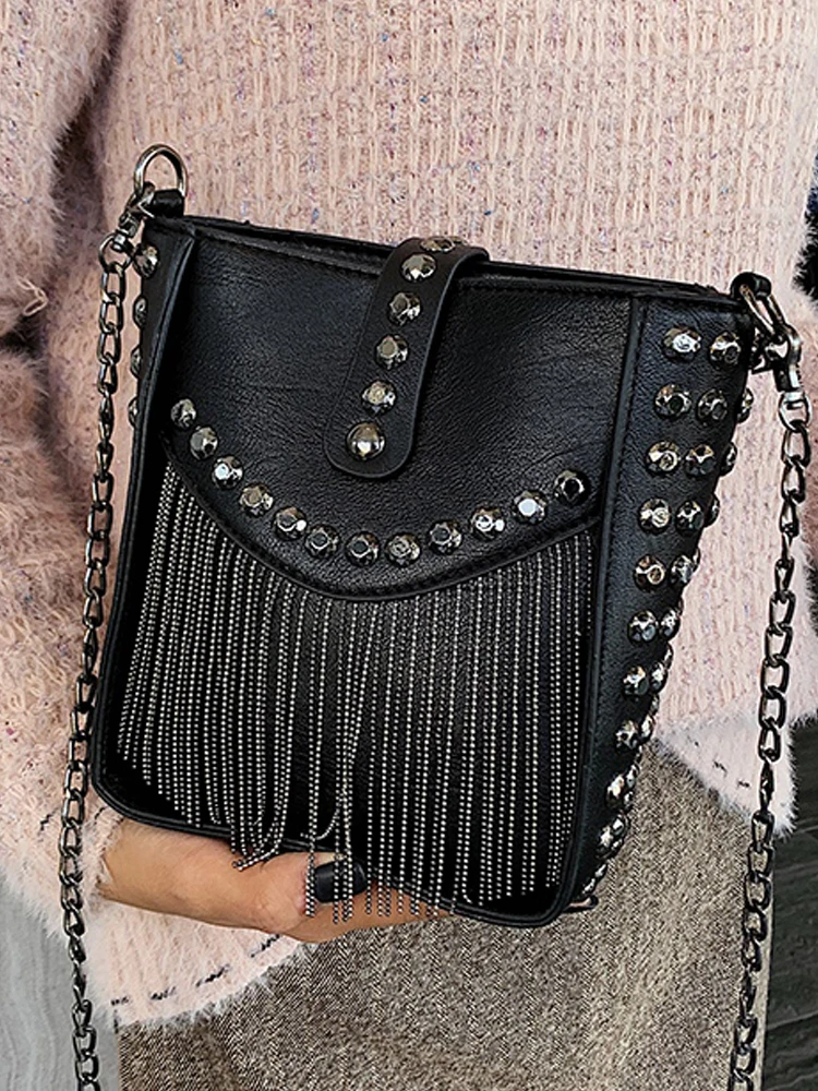 Punk damska torba na ramię torebka ze skóry PU moda czarna torebka typu crossbody z łańcuszkiem i frędzlami znanej marki luksusowy projektant Dmall — zdjęcie 2