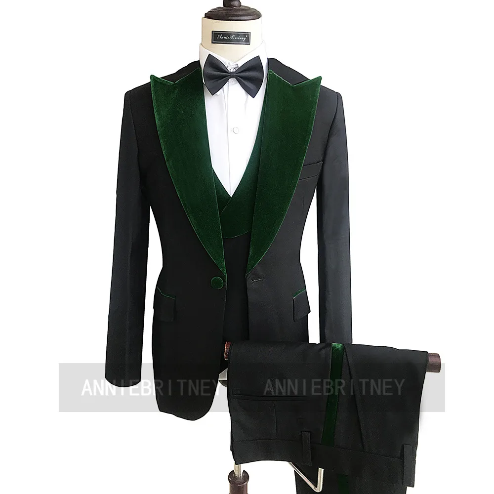 Tailored Men Suit Black With Dark Green Velvet Slim Fit Best Made Bridegroom Marriage Wedding Tuxedo Blazer Vest Pant 3 Pieces