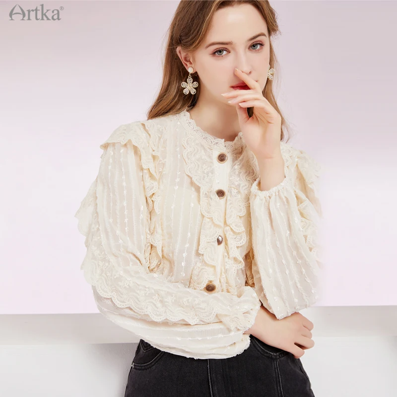 ARTKA 2021 Spring New Women Blouse Elegant Lace Palace Style Chiffon Shirts Lace Ruffle Lantern Sleeve White Shirt SA28012C