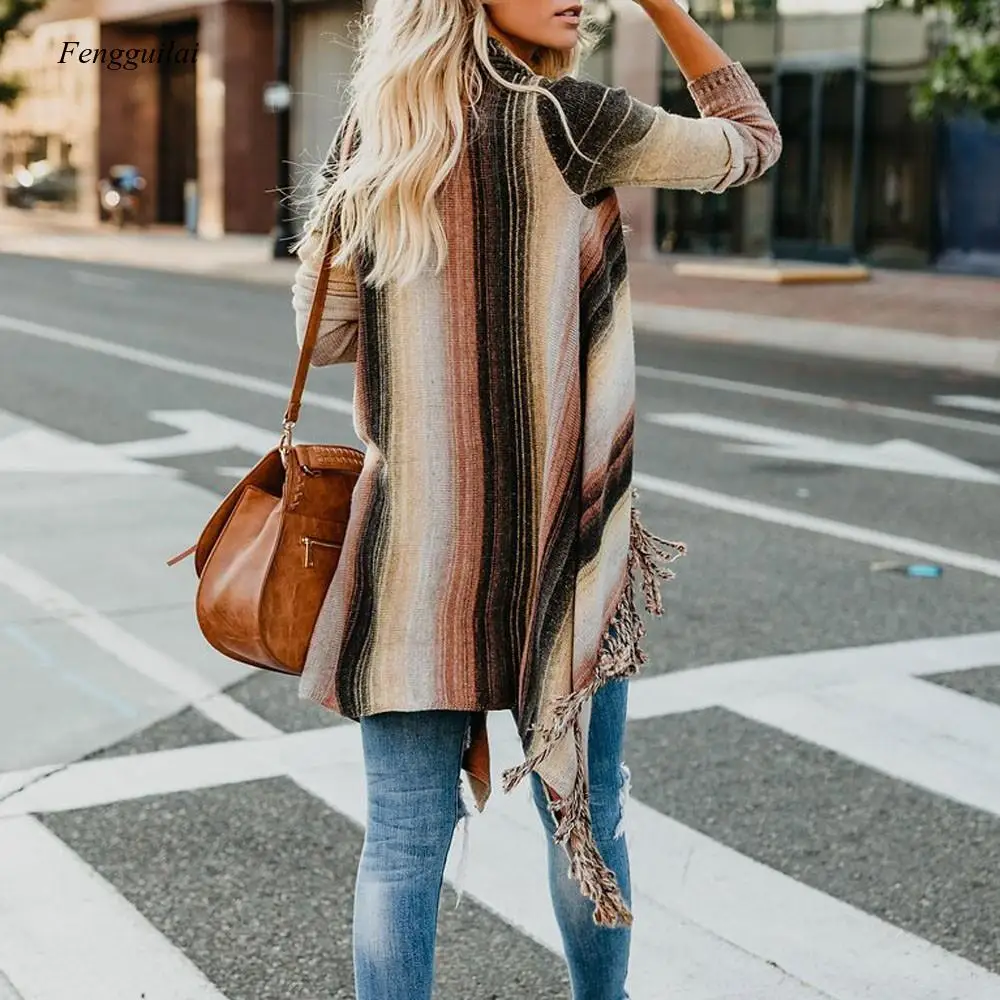 Women Long Poncho Sweater Winter Striped Shawl Tassel Coat Long Sleeve Knitted Sweater Cardigan  Fringe Sweater