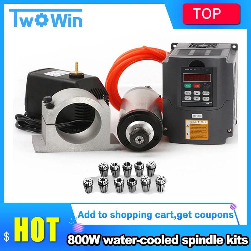 

Water Cooled Spindle Kit 800W 4 Bearings 65mm Diameter 0.8kw Cooling Spindle & 1.5kw Inverter VFD 80w Water Pump