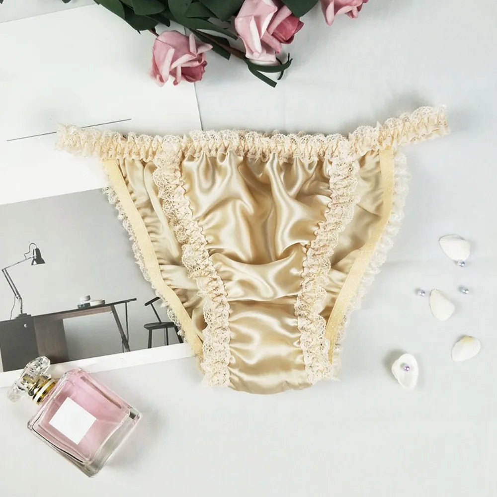 Cuecas de biquíni com cordas confortáveis para mulheres, cuecas 100% seda, lingerie sensual, cuecas sexy