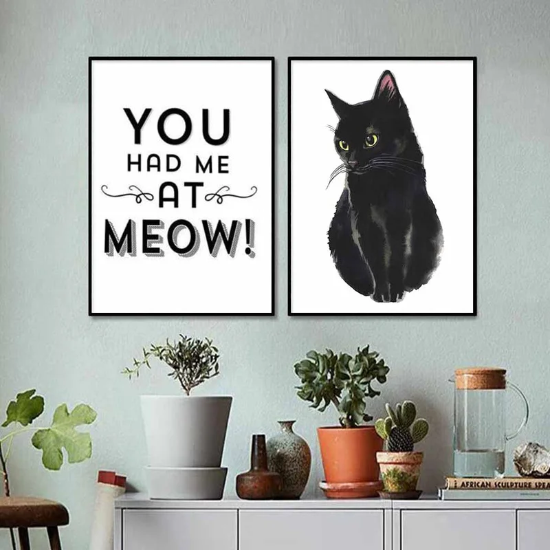 

Плакат «You and Me at Meow» с изображением черной кошки и животных, настенная живопись, печать на холсте, картины для гостиной, интерьер, домашний де...