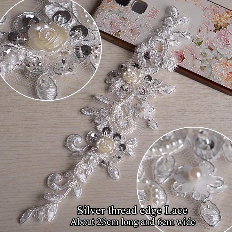 

Handtailor lace applique in patches Silver thread edge 3d flowers embroidery lace with sequin lace applique for wedding dress