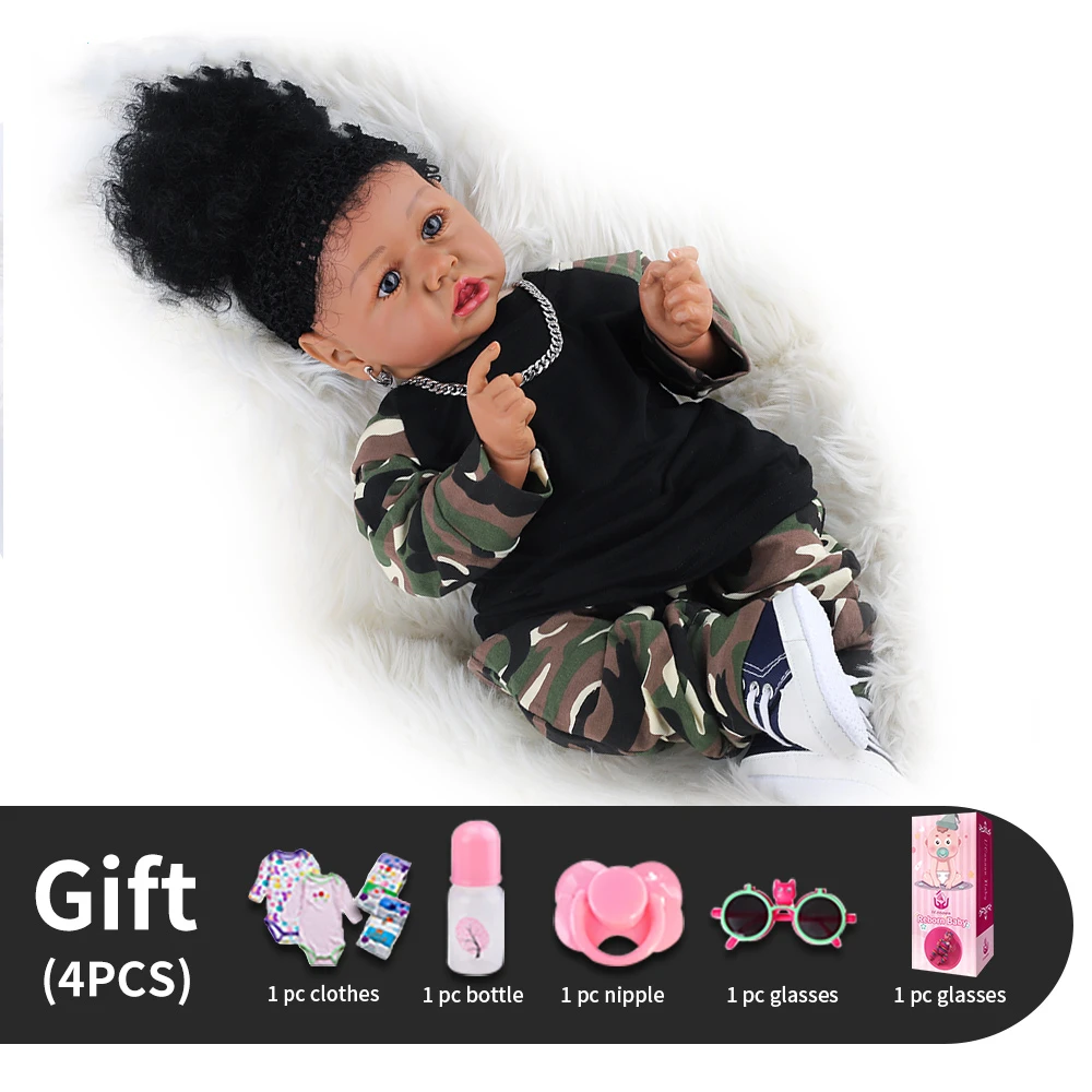 

UCanaan Reborn Baby Doll 55CM Silicone Vinyl Toddler Dolls Cloth Body Black Skin With Camouflage Clothes Set Children Bebe Toys