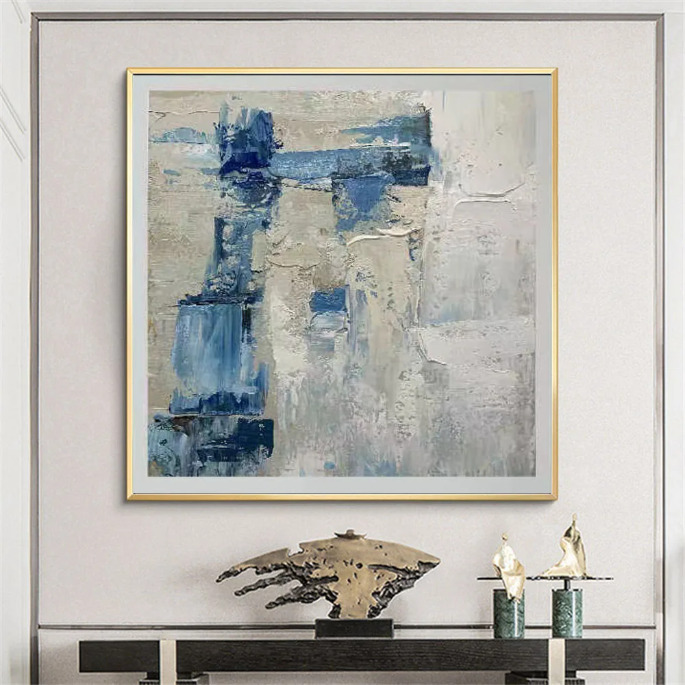 

100% Hand-Painted Modern Oil Paintings Abstract Knife Painting Blue Off-White Design Canvas Paint Living Room Decoration Poster