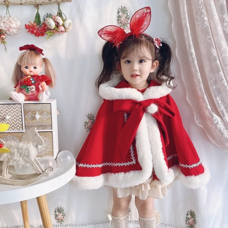 

Spanish Girls Christmas Red Cloack Girls Warm Princess Woolen Jacket Girls Add Cotton Lolita Cloack Baby Girl Winter Clothes