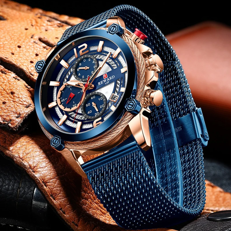 REWARD New Luxury Mens Watch Top Brand Blue Steel Mesh Chronograph Waterproof Men Sport Quartz Wrist Watch Relogio Masculino