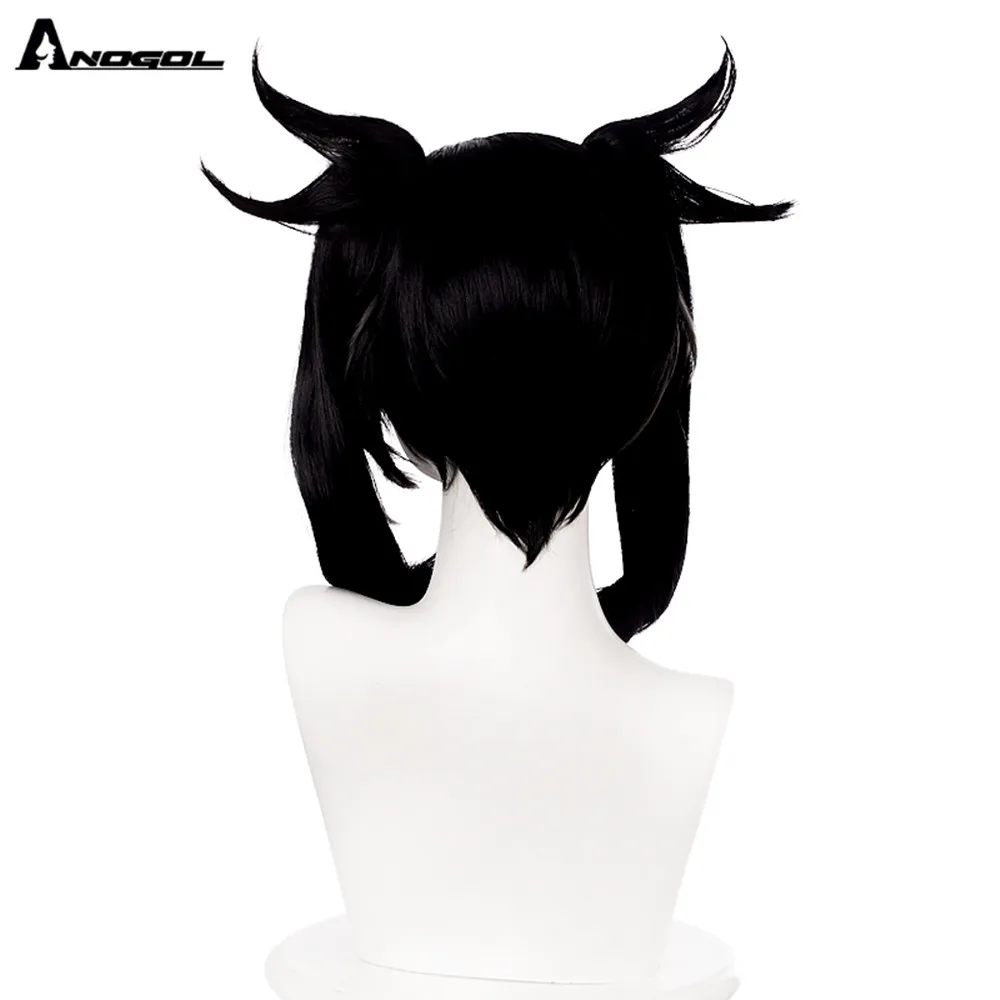 ANOGOL Pokémon Marnie High Temperature Fiber Short Black Synthetic Wig with Bangs Double Braid for Halloween Costume Party