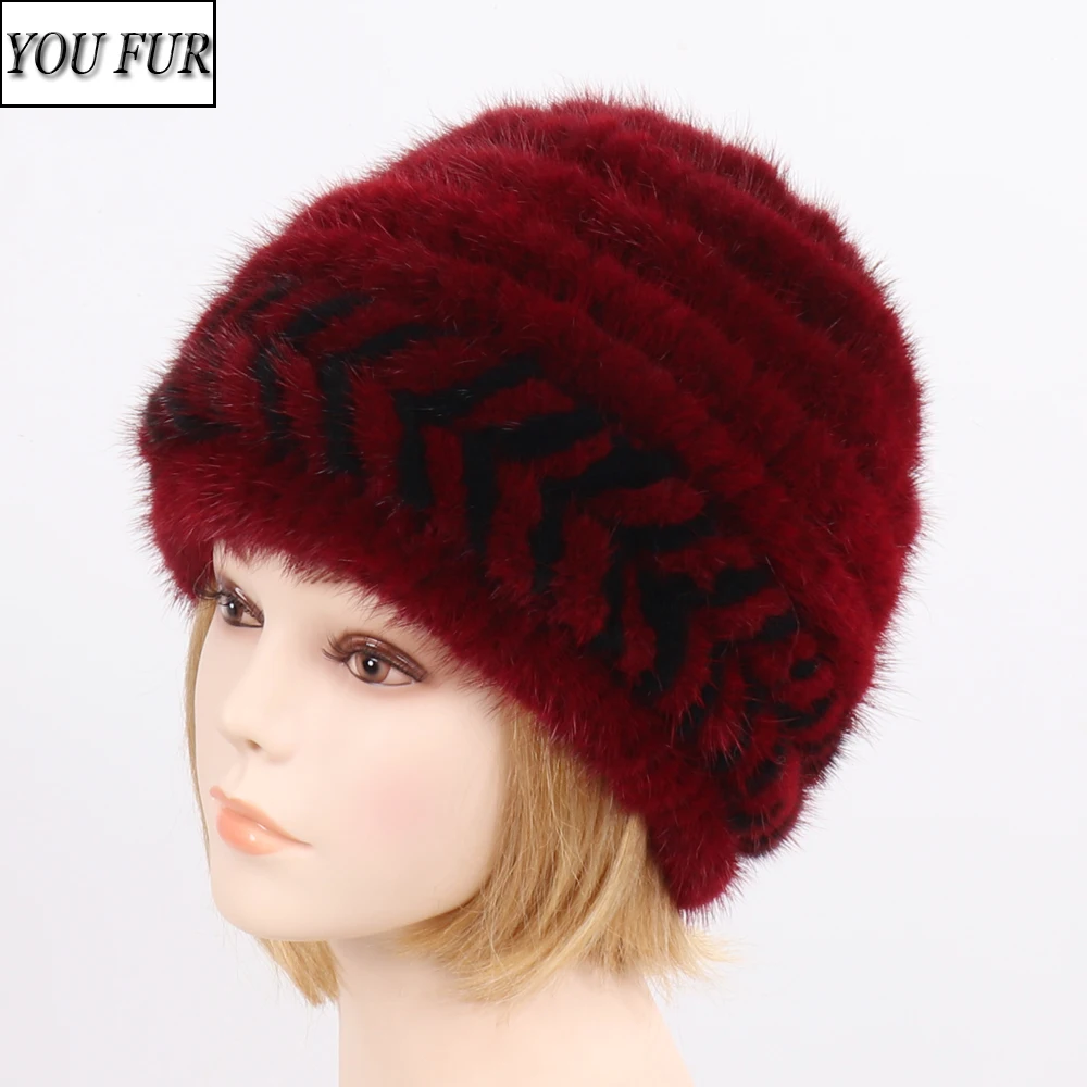 

New Winter Mink Fur Beanies Cap Lady Knitted Warm Genuine Mink Fur Caps Russian Women Good Elastic Natural Mink Fur Hats