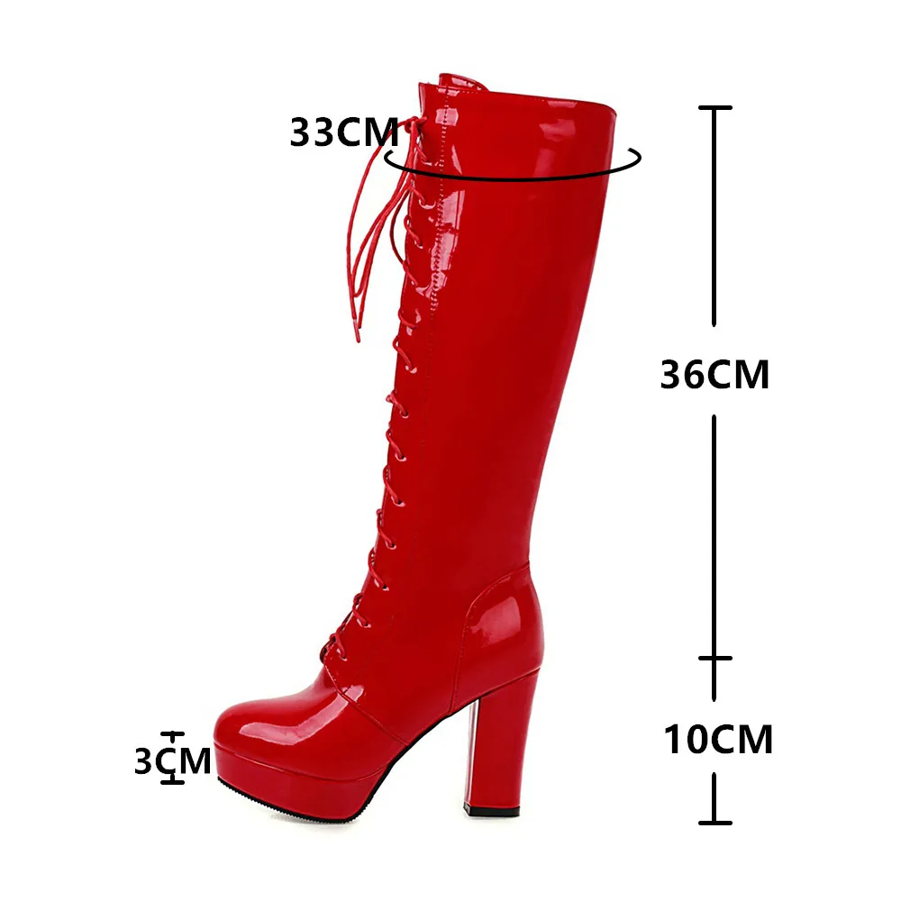 2023 Patent Leather White Lacing Knee High Boots Lace Up Ladies Platform Boots High Heels Fashion Nightclub Patry Shoes Wholesal