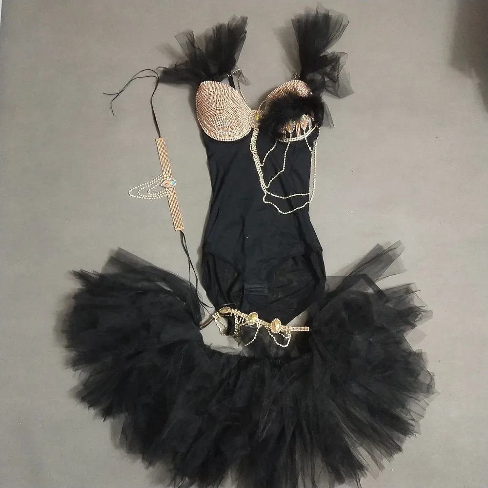 Sexy Gold Rhinestone Chains Bodysuit Gauze Skirt Dance Clothes Bar Nightclub Stage Costume Carnival Party Show Club Rave Outfits