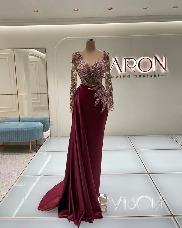 Cusomized Beading Mermaid Prom Dresses Burgundy Long Sleeve Sexy Jewel Neck Evening Dress Party Wear Sweep Train Satin Gowns