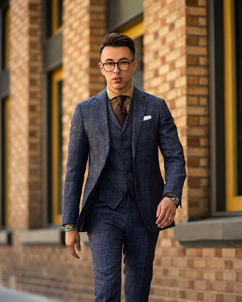 Handsome Mens Suits Wool Blend 3 Piece (Coat+Vest+Pants) Notched Lapel Traje Hombre Formal Suit Slim Fit