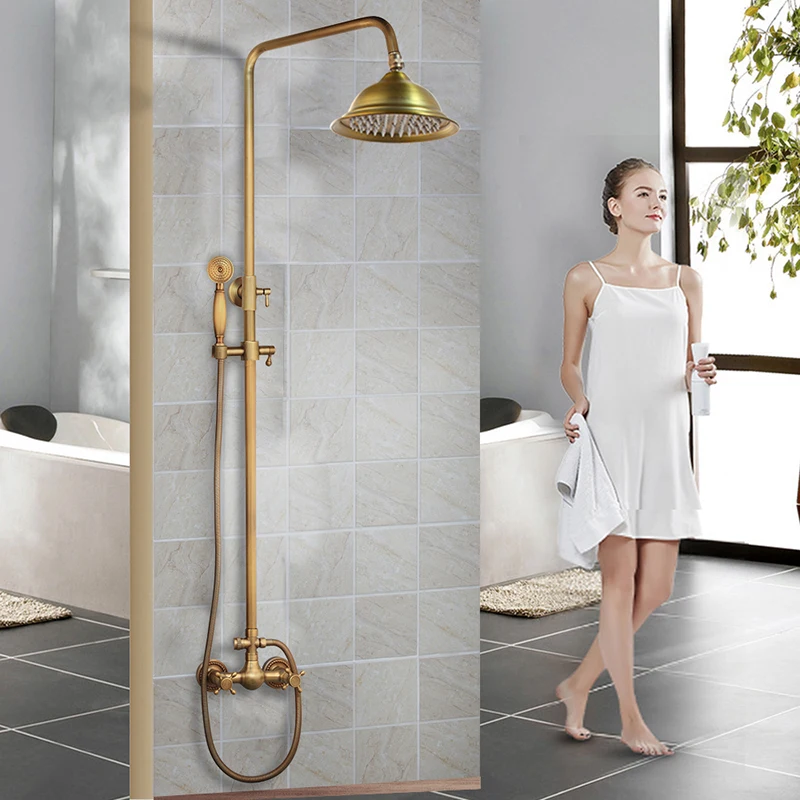 

Monite Antique Brass Bathroom Shower Faucet Set Wall Mount Rainfall 8 Inch Round Head 2 Functions Hand Shower Mixer Tap w/ Shelf