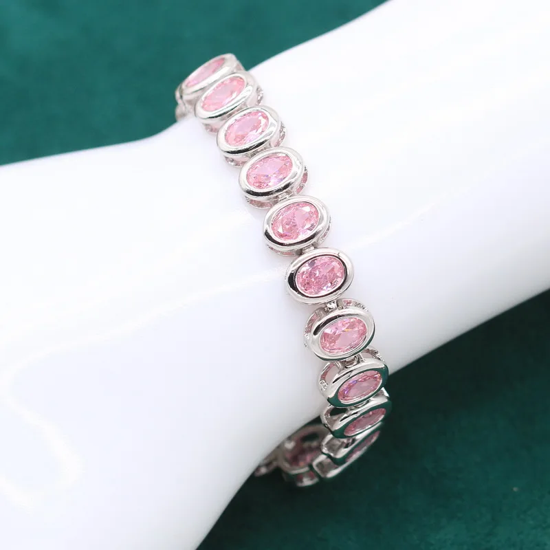 Classic 925 Sterling Silver Jewelry Set For Women Pink Crystal Bracelet Earrings Necklace Pendant Bride Ring Wedding Gift 4PCS