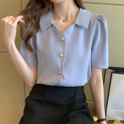 Casual Solid Female Shirts Tops 2021 Summer New Women Chiffon Short Sleeve Blouse Office Lady V-neck Button Loose Clothing S-XL