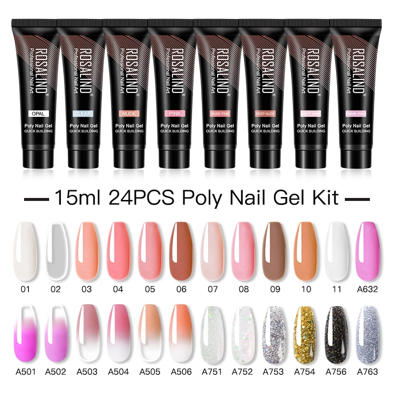 

ROSALIND 24pcs/Lot Gel Nail Kit Poly Nail Gel For Extension Finger DIY Nail Art Gel Polish Semi Permanent Varnish Hybrid