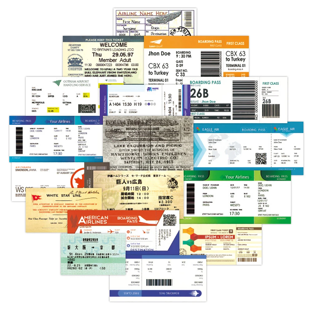 10/30/55PCS Airline Boarding Ticket Stickers Waterproof Skateboard Fridge Laptop Motorcycle Travel Luggage Classic Toy Sticker