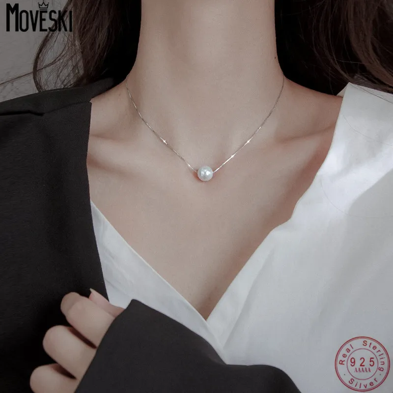 

MOVESKI 925 Sterling Silver Shell Beads Synthetic Pearls Pendant Necklace Women Korean Simple Temperament Wedding Jewelry