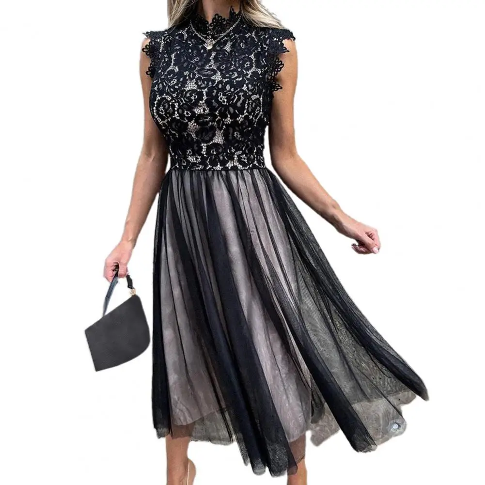 Vintage Women Dress Mesh Patchwork Lace Stand Collar Large Hem Elegant Summer Dress for Dating party wear Prom Black xl vestidos