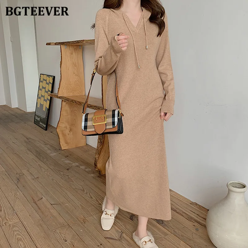 BGTEEVER Autumn Winter Women Dress 2021 Hooded Knitted Midi Dresses for Women Long Sleeve Loose Female Sweater Vestidos 2021