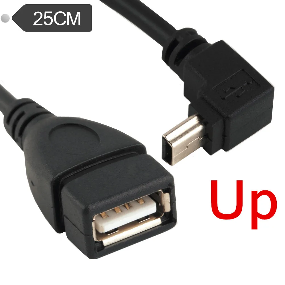 90 stopni w górę lewego prawego kątowego Mini kabel USB OTG USB 2.0 kobieta na Mini USB 5 Pin męski krótki kabel Adapter 0.25m