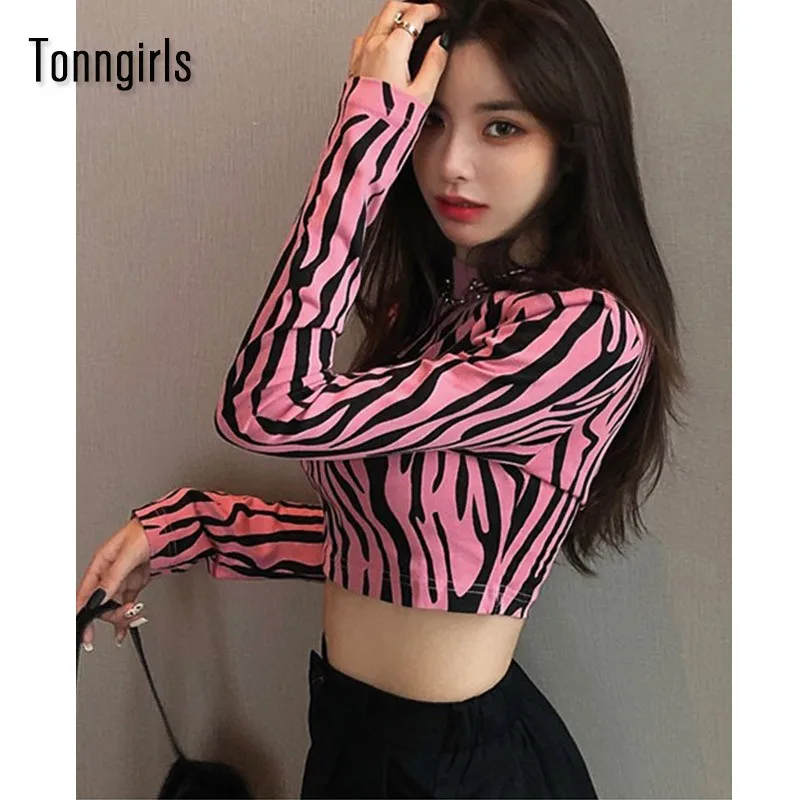 Tonngirls Streetwear Zebra Crop Tops Sweater Women Sexy Long Sleeve O Neck Autumn Pullover Ladies Jumpers Slim Y2k Knit Tops