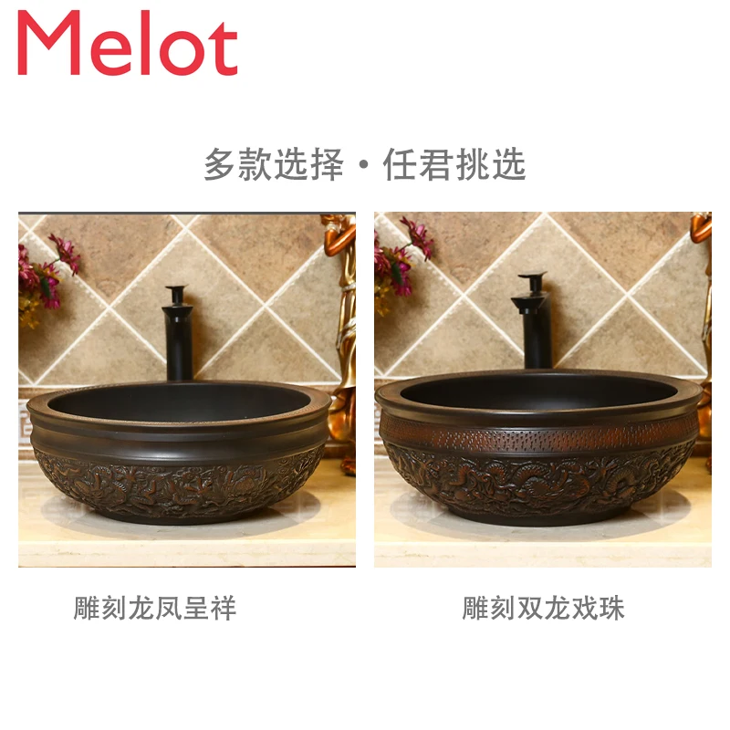 Imagem -03 - Lavatório para Mesa em Estilo Antigo Chinês Pia Retrô de Cerâmica para Mesa Jingdezhen Mão Esculpida com Padrão de Dragão Arte Lavatório