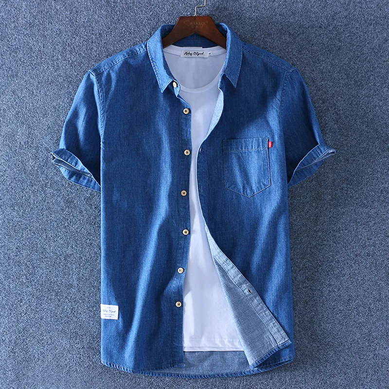 

Denim Korean Men's Clothes 100% Cotton Shirt Summer Plus Size Casual Shirts for Men Fashion Chemise Homme KJ5775